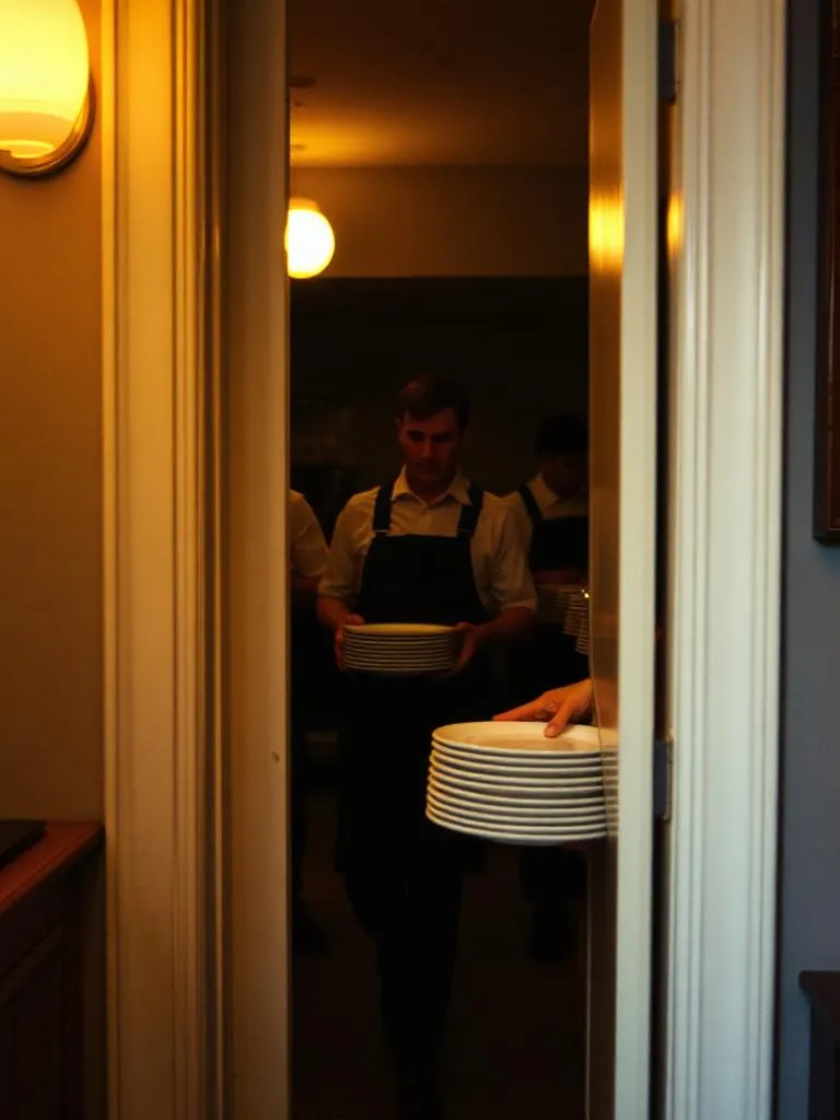 A phone photo of service staff carrying plates through a narrow doorway