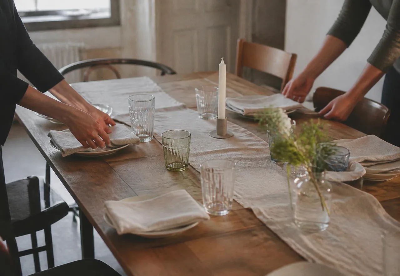 Two people setting a long wooden table in an empty room shortly before guests arrive